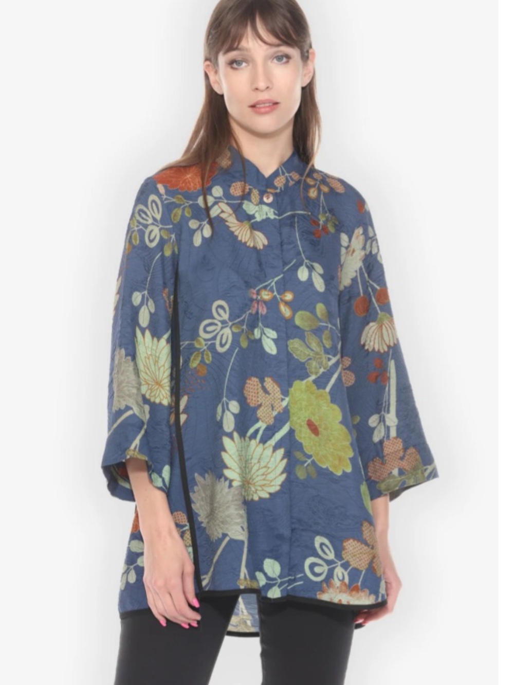 Citron Santa Monica Garden Blue Silk Blend Tummy Tuck Blouse L Floral Pattern